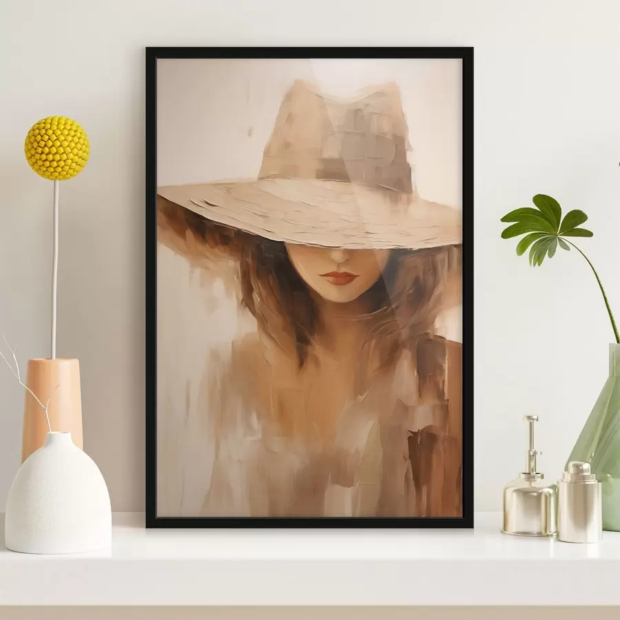 Papier peint photo Femme au chapeau, peinte à l'aide de traits abstraits chaleureux f47312