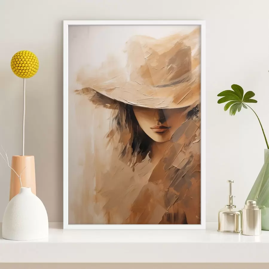 Papier peint photo Femme au chapeau, peinte à l'aide de traits chauds et texturés f47315