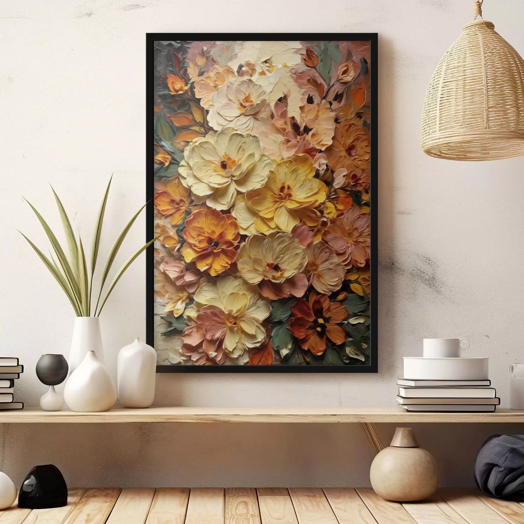 Fotobehang Weelderige compositie van levendige bloemen in warme tinten f47760