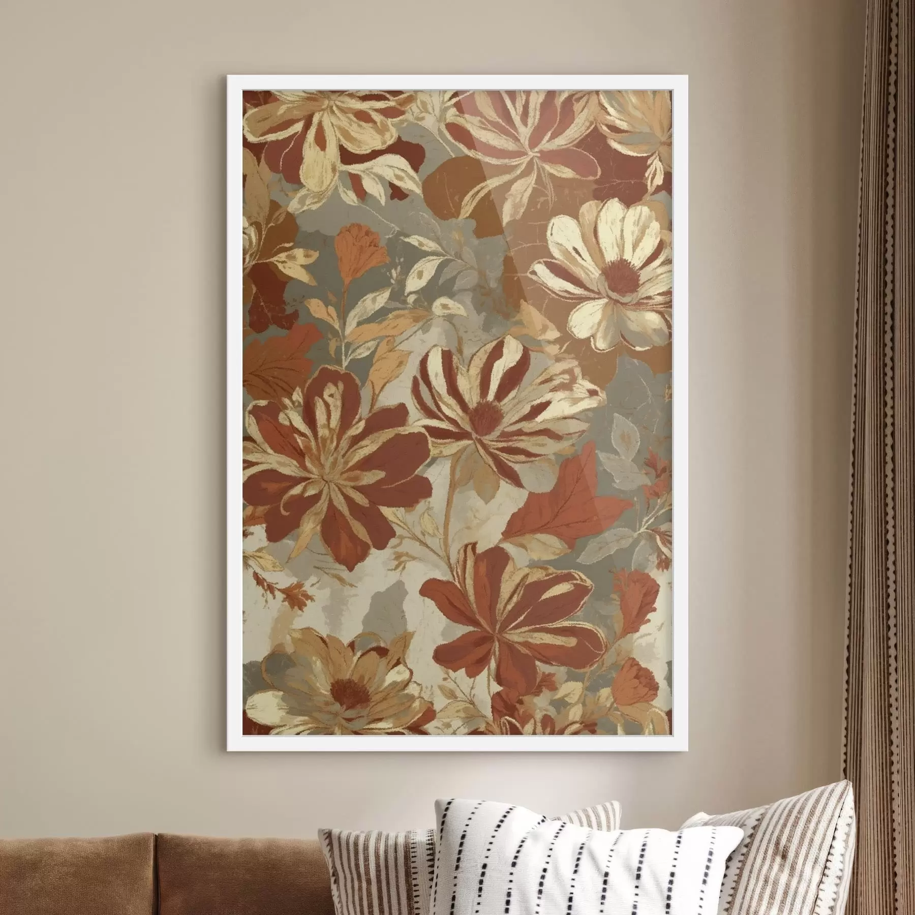 Papier peint photo Motif floral dans des tons chauds rouille et crème f47770