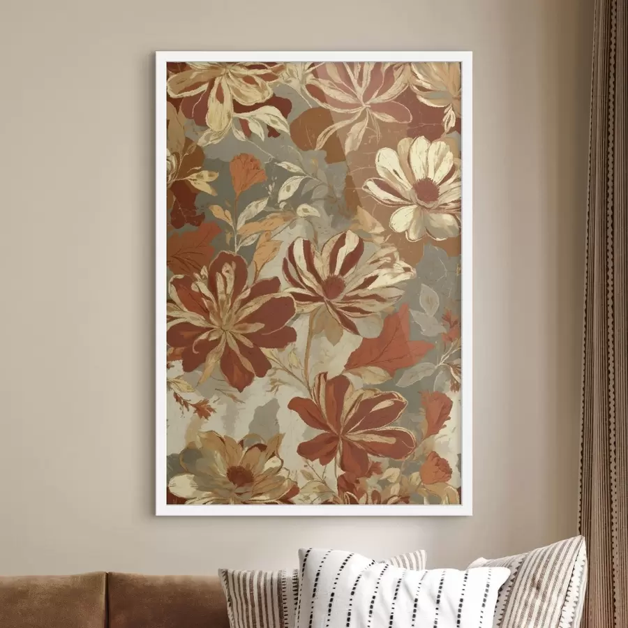 Papier peint photo Motif floral dans des tons chauds rouille et crème f47770