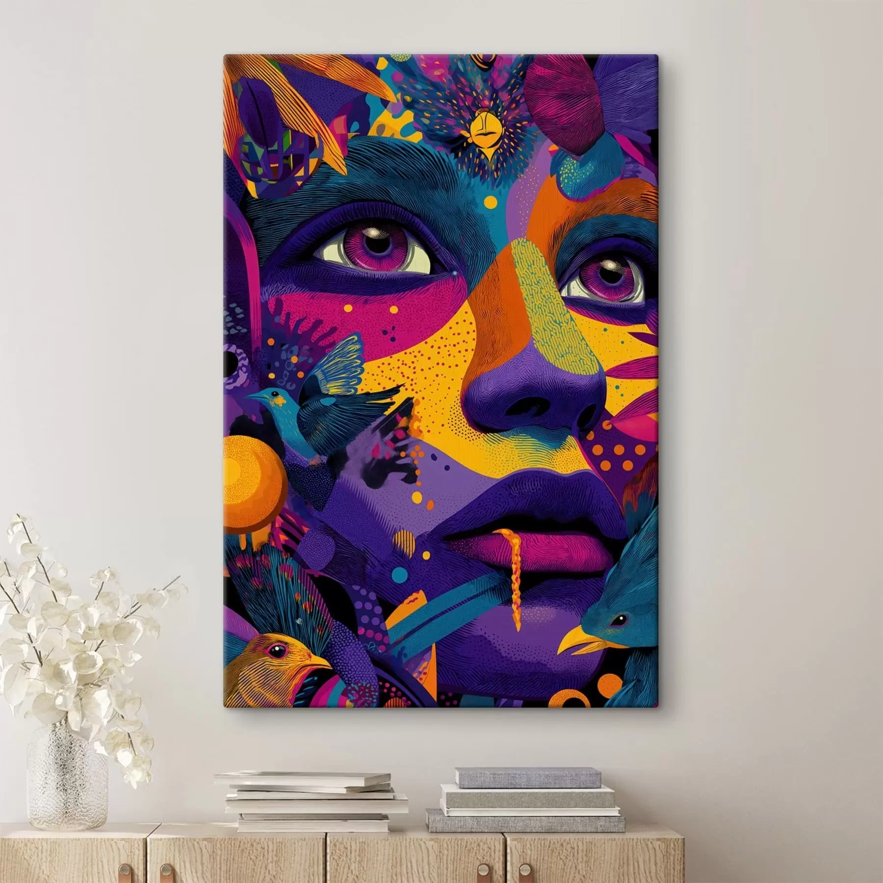  Peintures Portrait psychédélique avec des oiseaux s47790