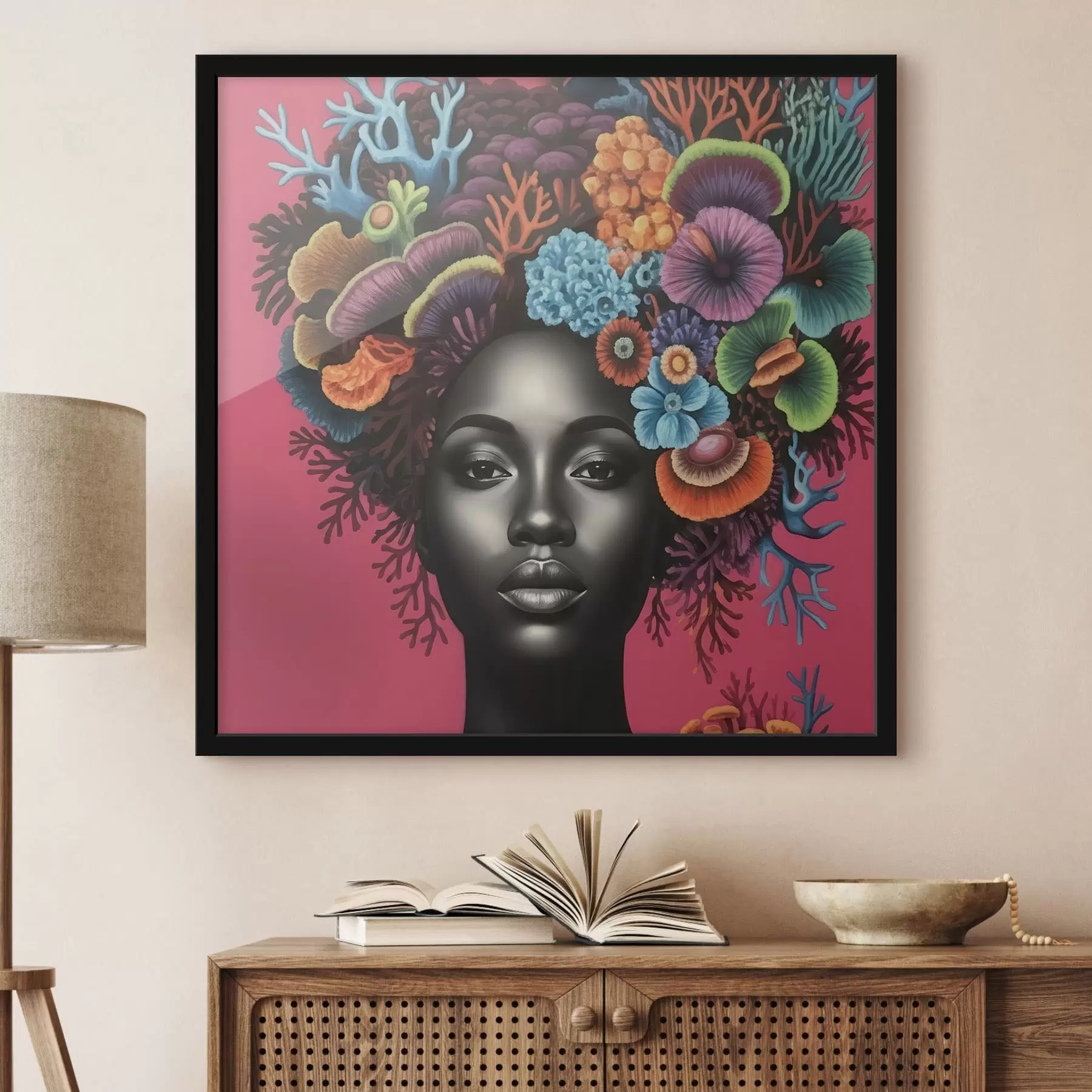 Fotobehang Psychedelisch portret van een vrouw met paddenstoelen f47786