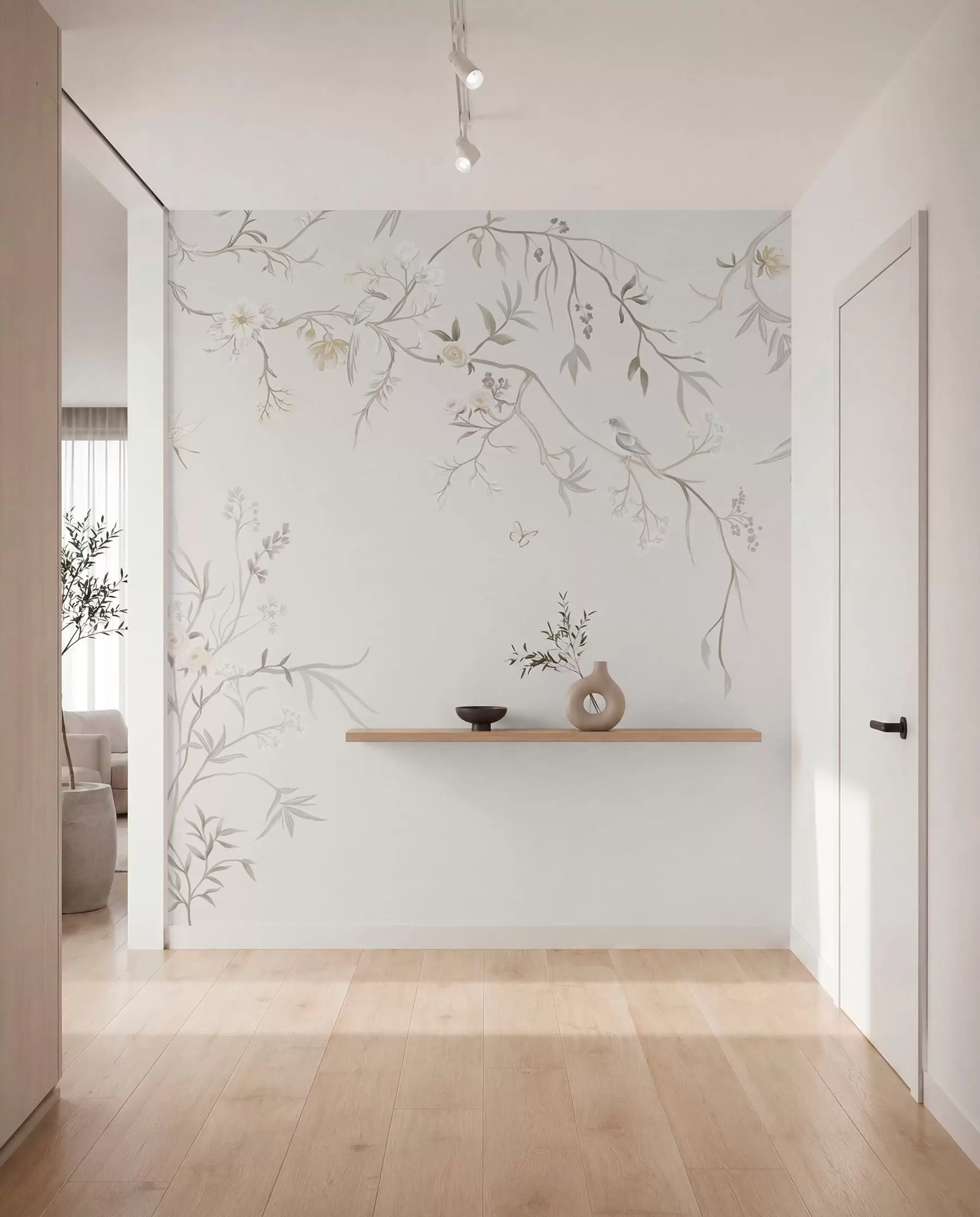 Fotobehang Delicate bloemen en vogels op een krijtkleurige achtergrond w05127