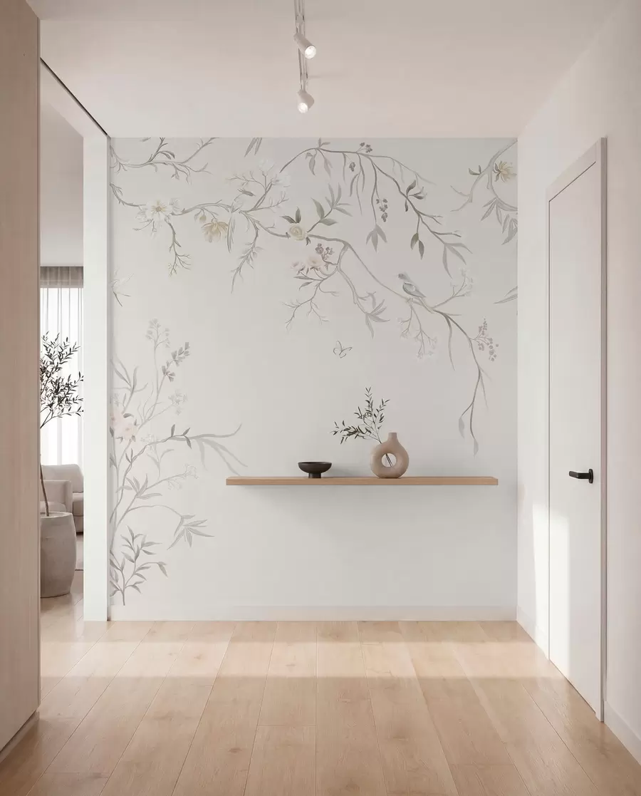 Fotobehang Delicate bloemen en vogels op een krijtkleurige achtergrond w05127
