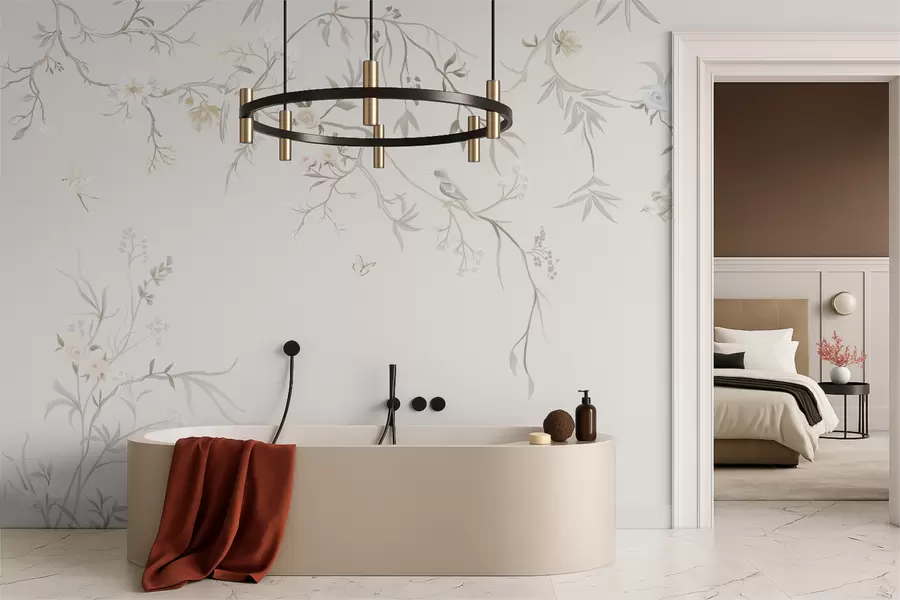 Fotobehang Delicate bloemen en vogels op een krijtkleurige achtergrond w05127