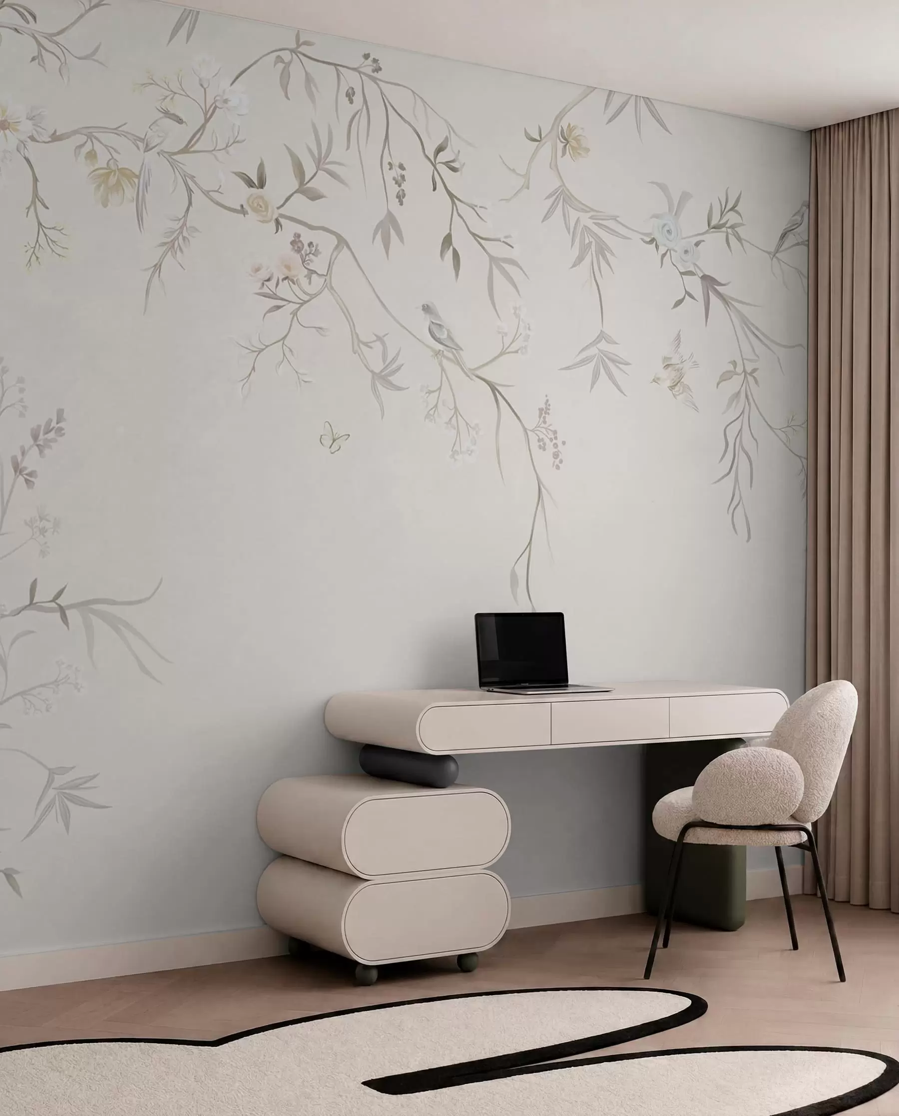 Fotobehang Delicate bloemen en vogels op een krijtkleurige achtergrond w05127
