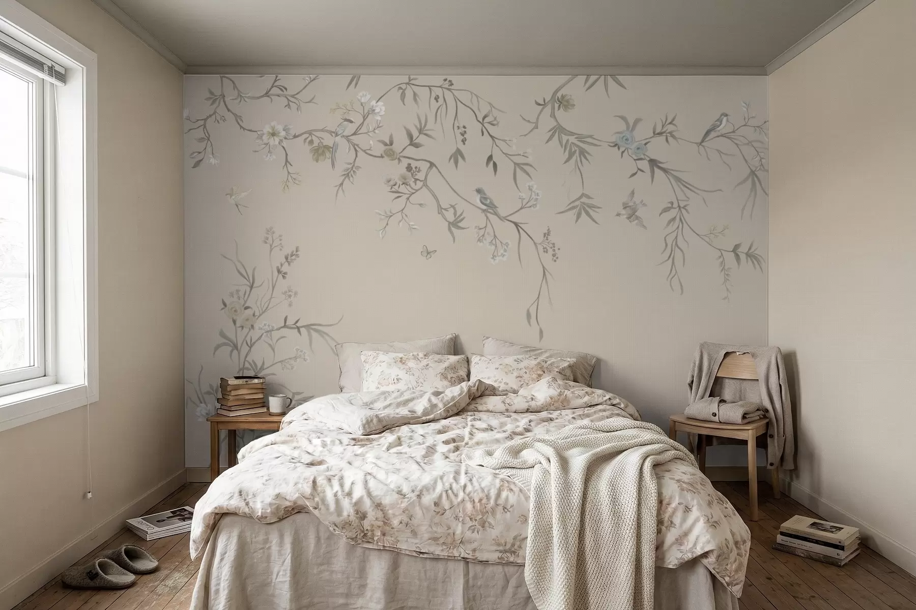 Fotobehang Bloemtakken met vogels op een warme beige achtergrond w05127v1