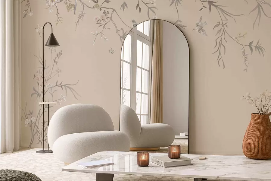 Fotobehang Bloemtakken met vogels op een warme beige achtergrond w05127v1