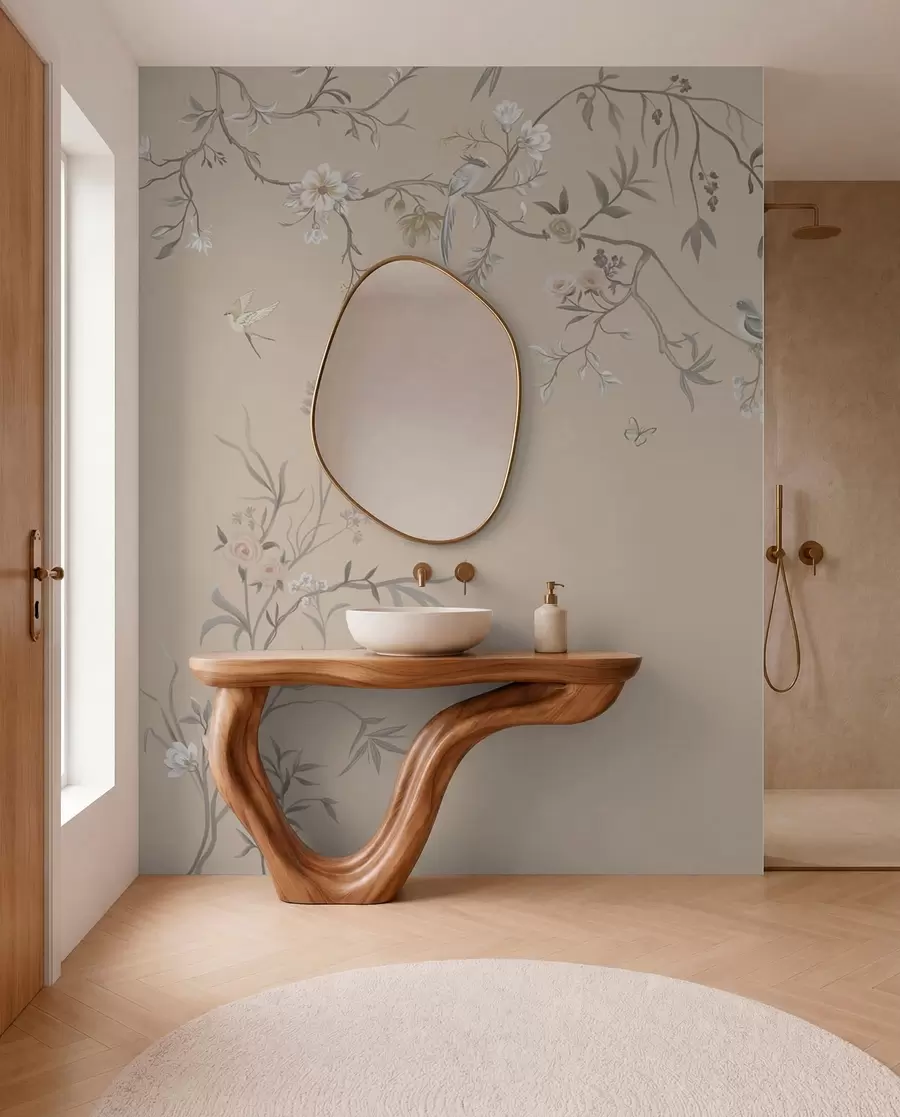 Fotobehang Bloemtakken met vogels op een warme beige achtergrond w05127v1