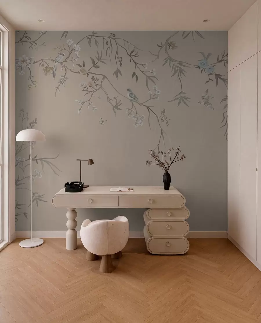 Fotobehang Bloemtakken met vogels op een warme beige achtergrond w05127v1
