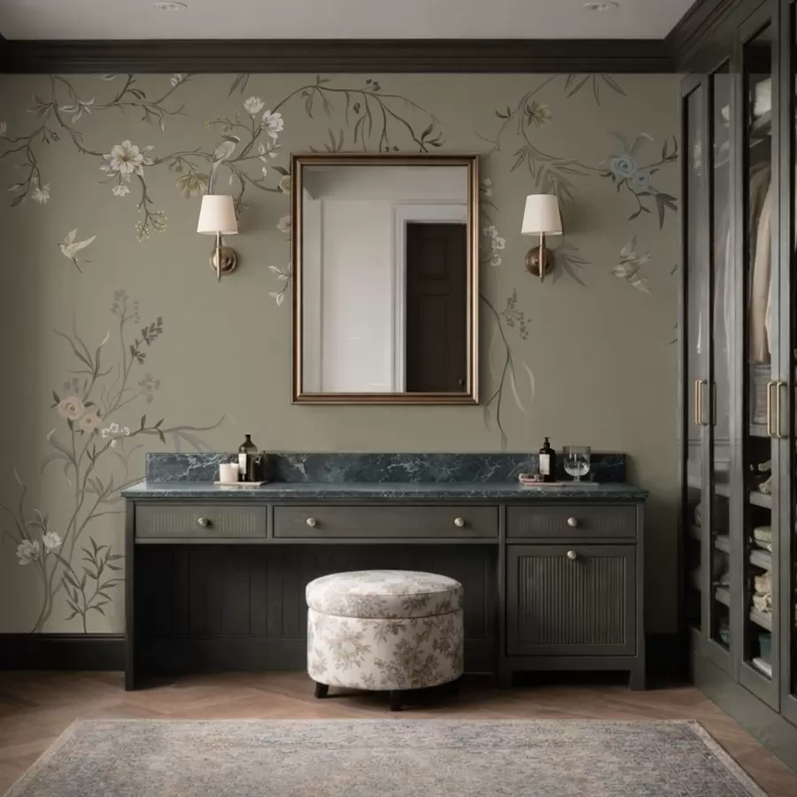 Fotobehang Bloemmotief met vogels op grijze achtergrond w05127v4