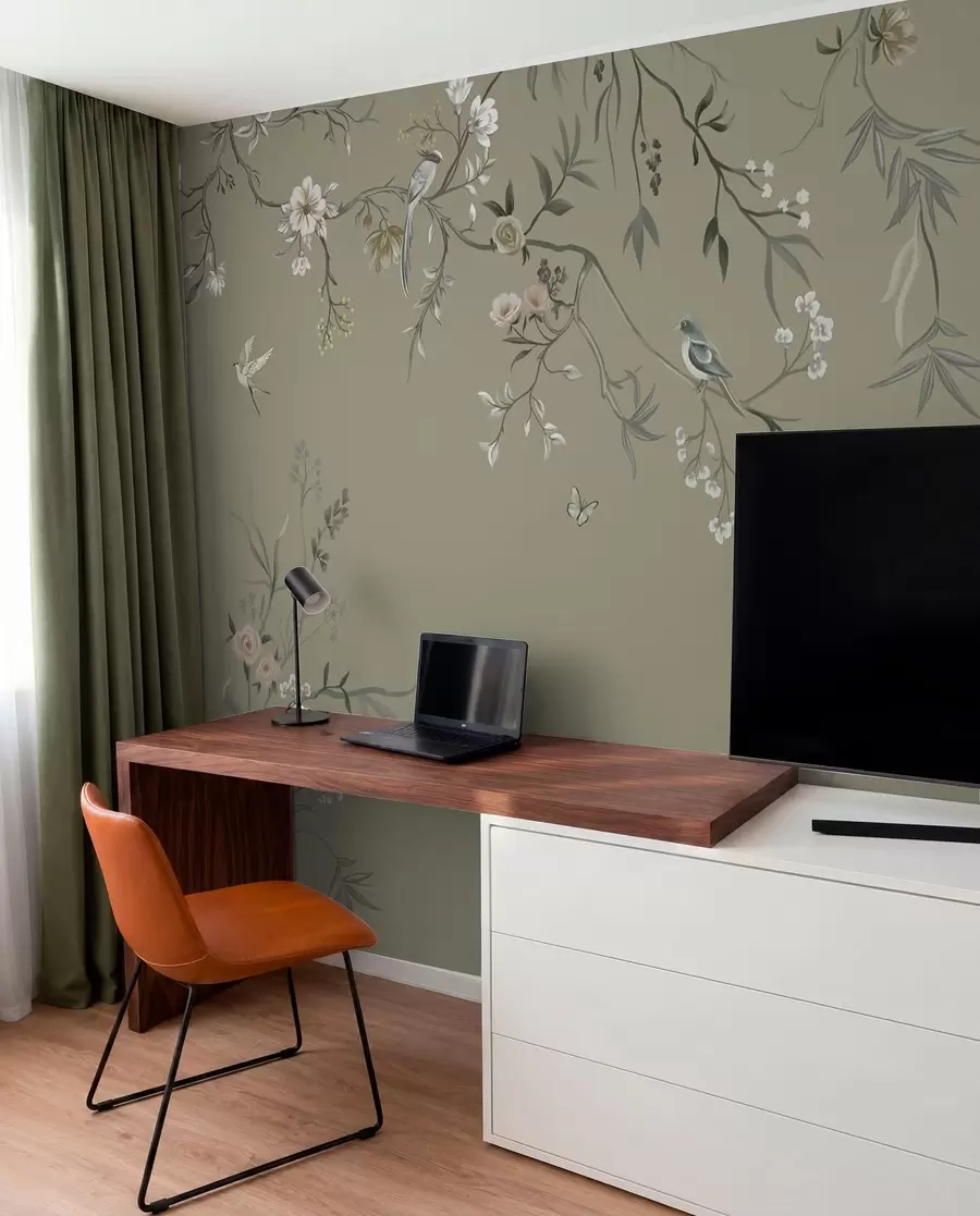 Fotobehang Bloemmotief met vogels op grijze achtergrond w05127v4