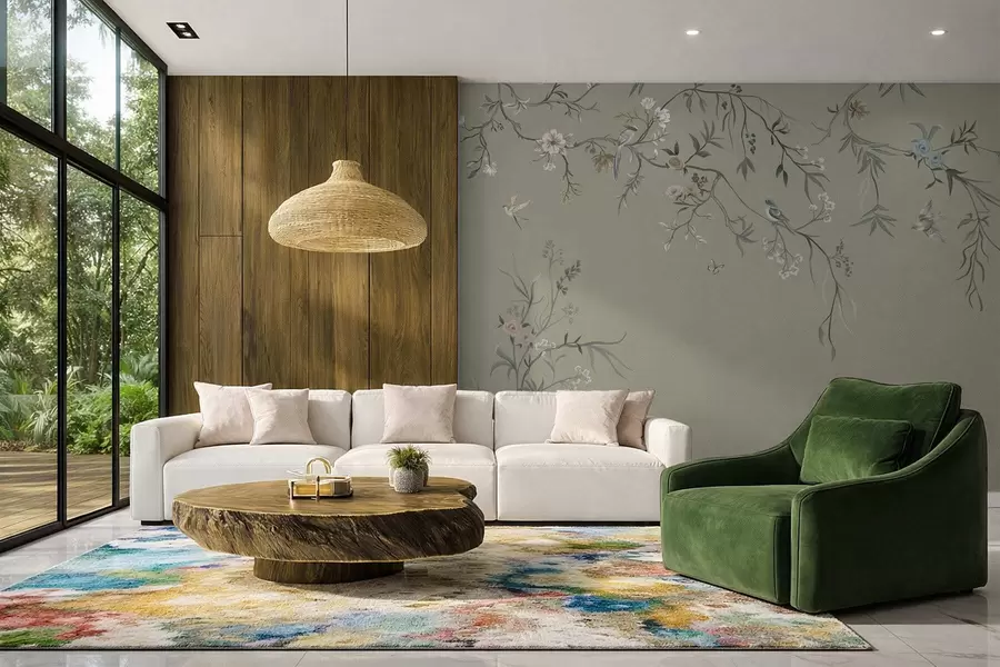 Papier peint photo Motif floral avec des oiseaux sur fond frais w05127v6