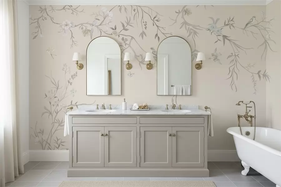 Fotobehang Bloemtakken met vogels op een lichte achtergrond w05127v7