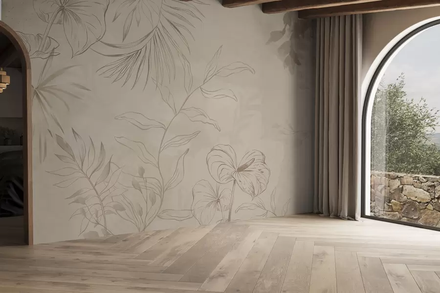 Fotobehang Lineaire planten op een gestructureerde beige achtergrond w05128