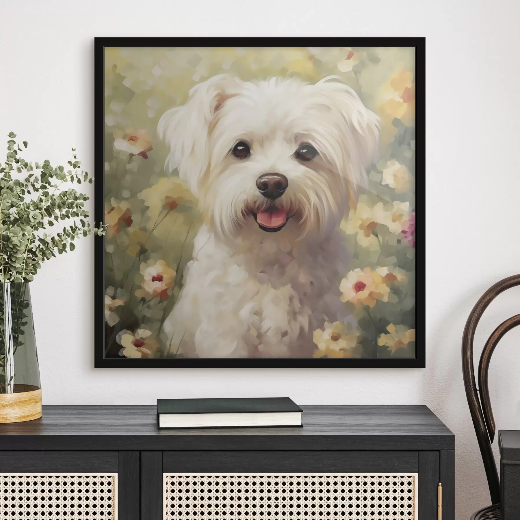 Fotobehang Kleine hond in bloemen f47811