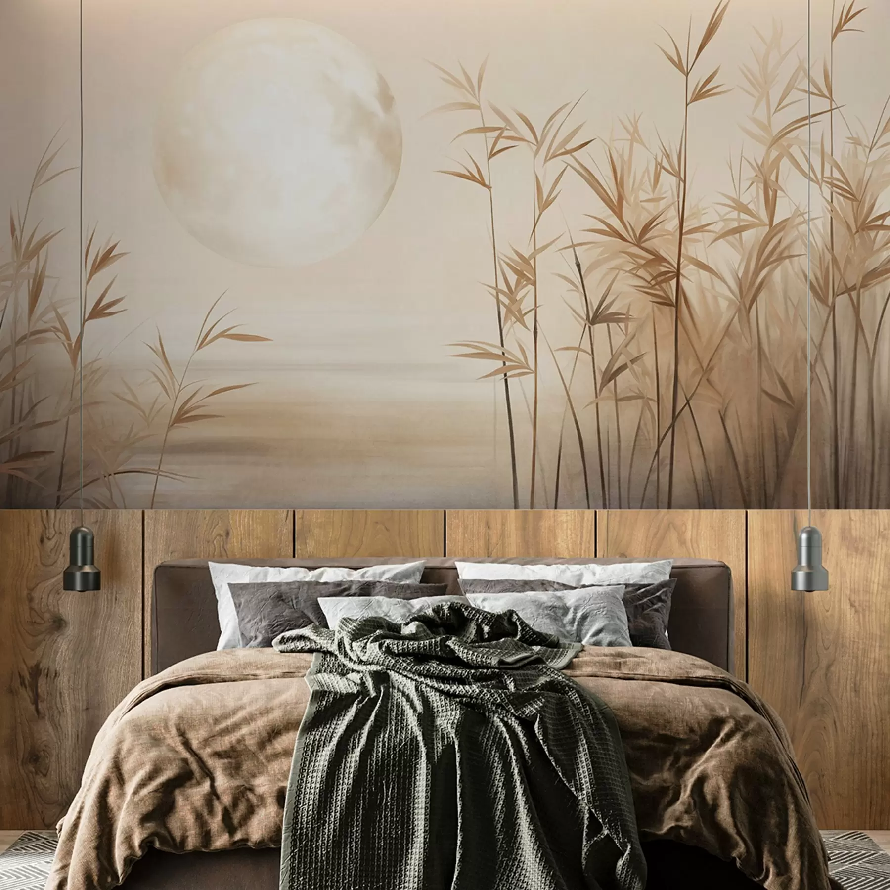 Papier peint photo Paysage texturé avec de grands roseaux, un lac et une lune pâle dans un ciel brumeux w09631