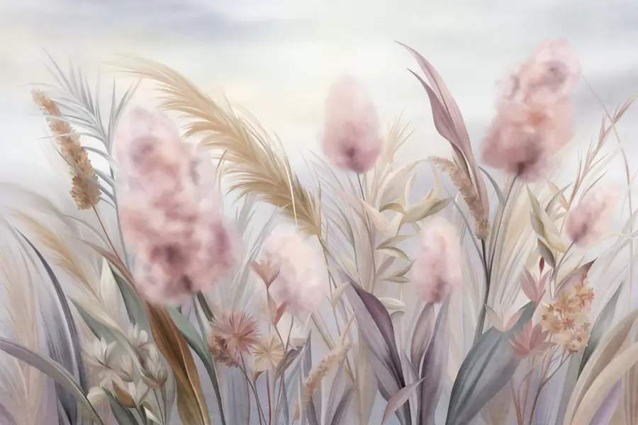 Fotobehang Roze en beige pampagras en andere gedroogde bloemen met een zachte, wazige lucht op de achtergrond w09635