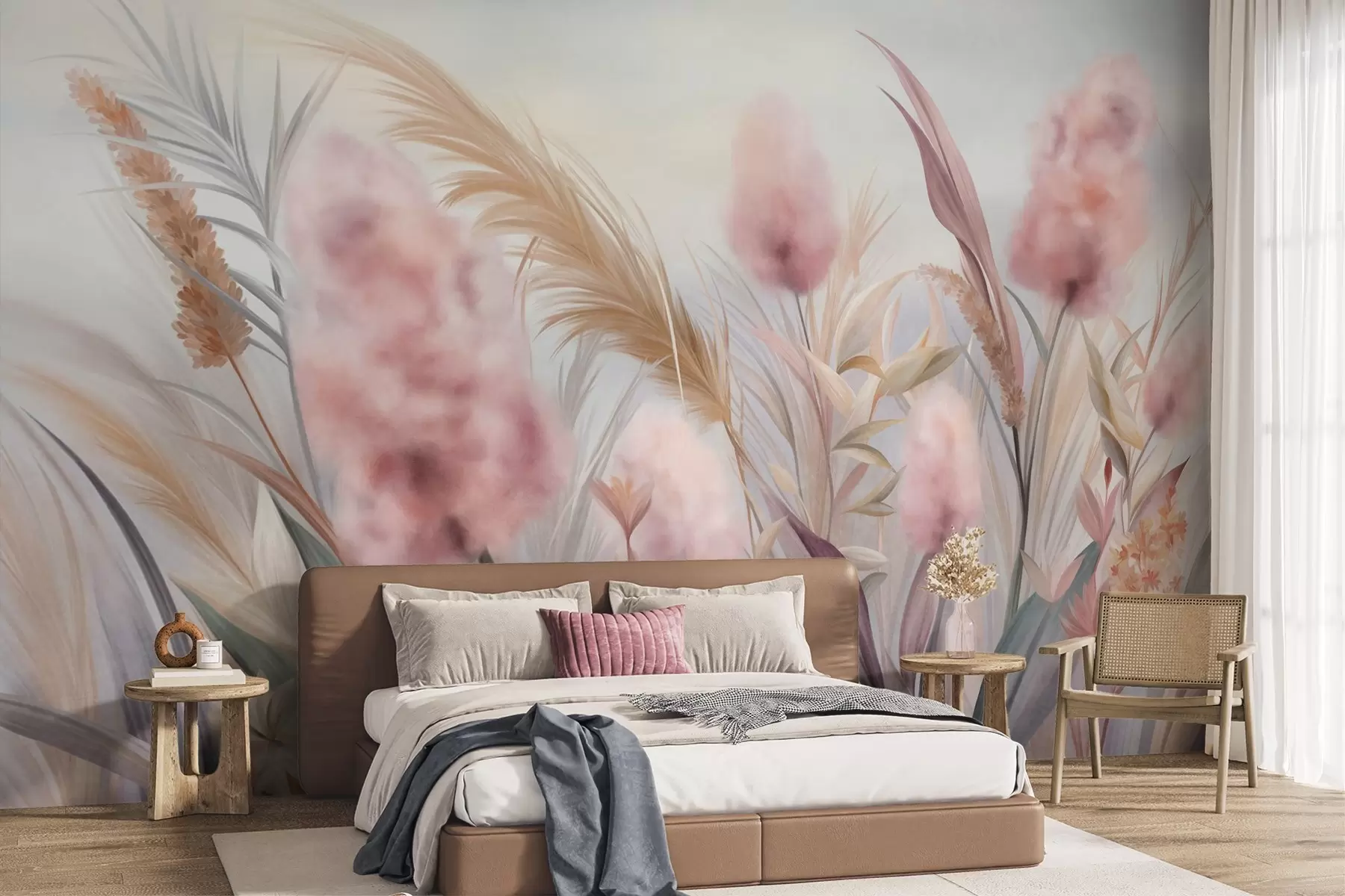 Fotobehang Roze en beige pampagras en andere gedroogde bloemen met een zachte, wazige lucht op de achtergrond w09635