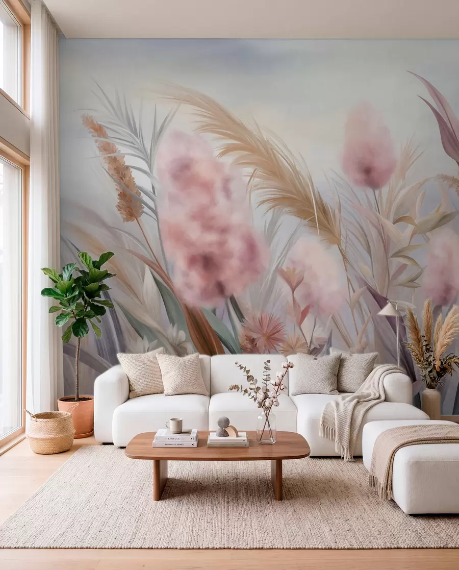 Fotobehang Roze en beige pampagras en andere gedroogde bloemen met een zachte, wazige lucht op de achtergrond w09635