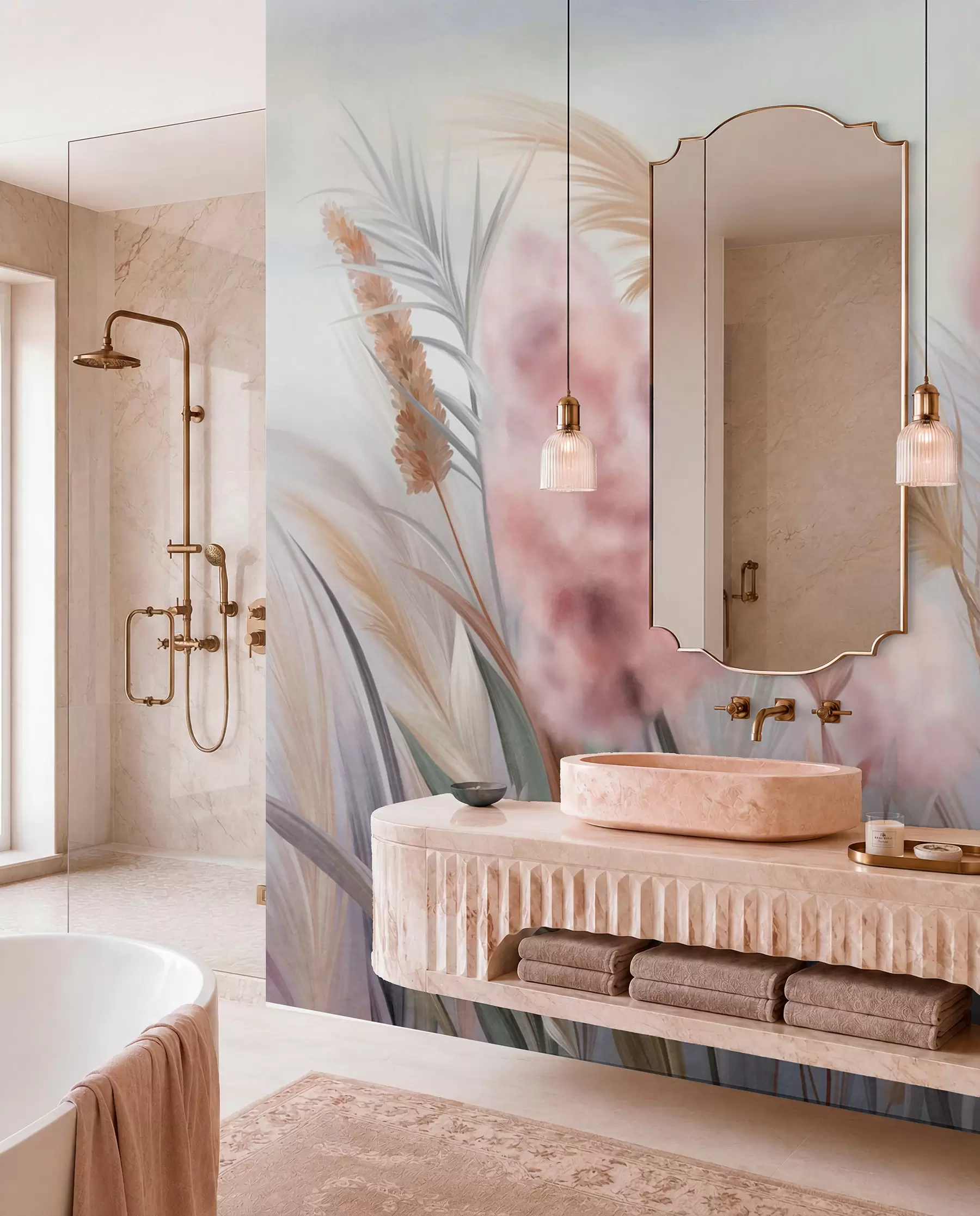 Fotobehang Roze en beige pampagras en andere gedroogde bloemen met een zachte, wazige lucht op de achtergrond w09635