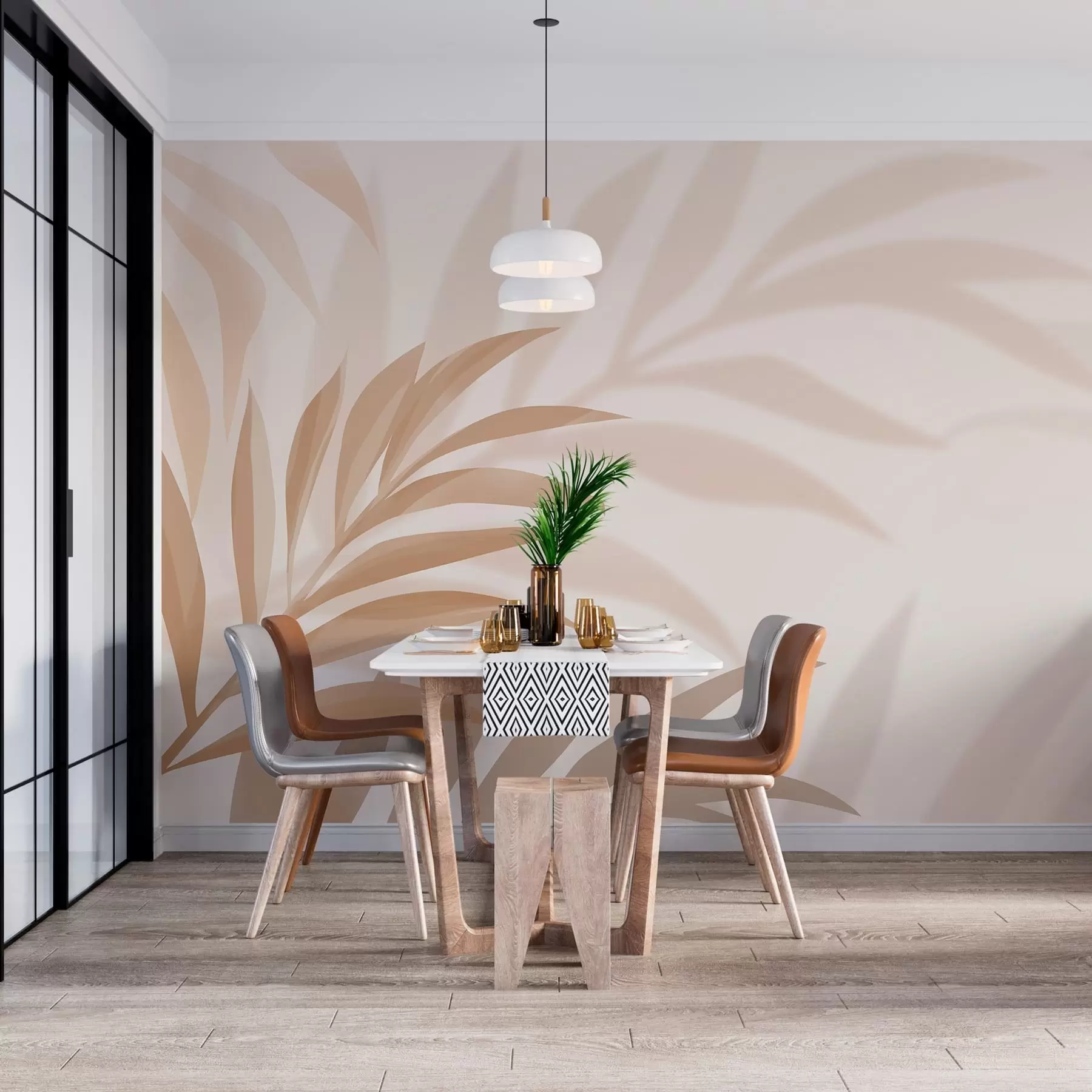 Fotobehang grote gebogen palmbladeren in beige en bruine tinten w05211