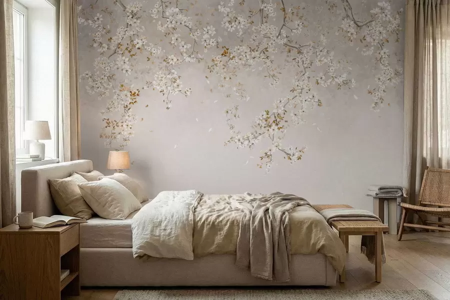 Papier peint photo Branches avec des fleurs blanches sur un fond beige clair w05129