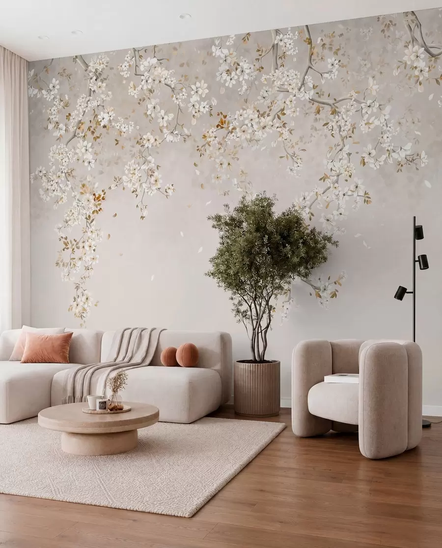 Fotobehang Takken met witte bloesems op een zachte beige achtergrond w05129
