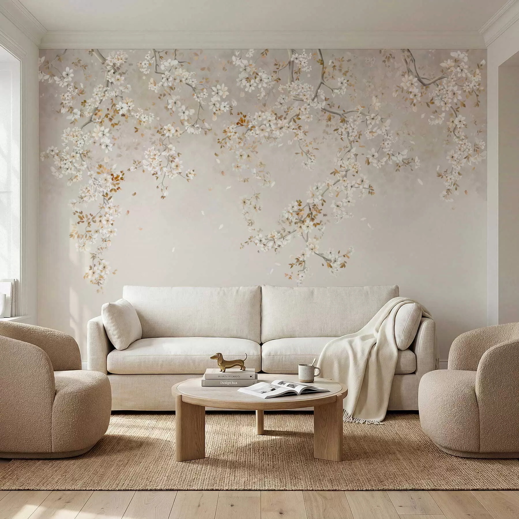 Fotobehang Takken met witte bloesems op een zachte beige achtergrond w05129
