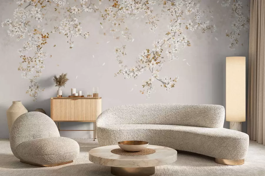 Papier peint photo Branches avec des fleurs blanches sur un fond beige clair w05129