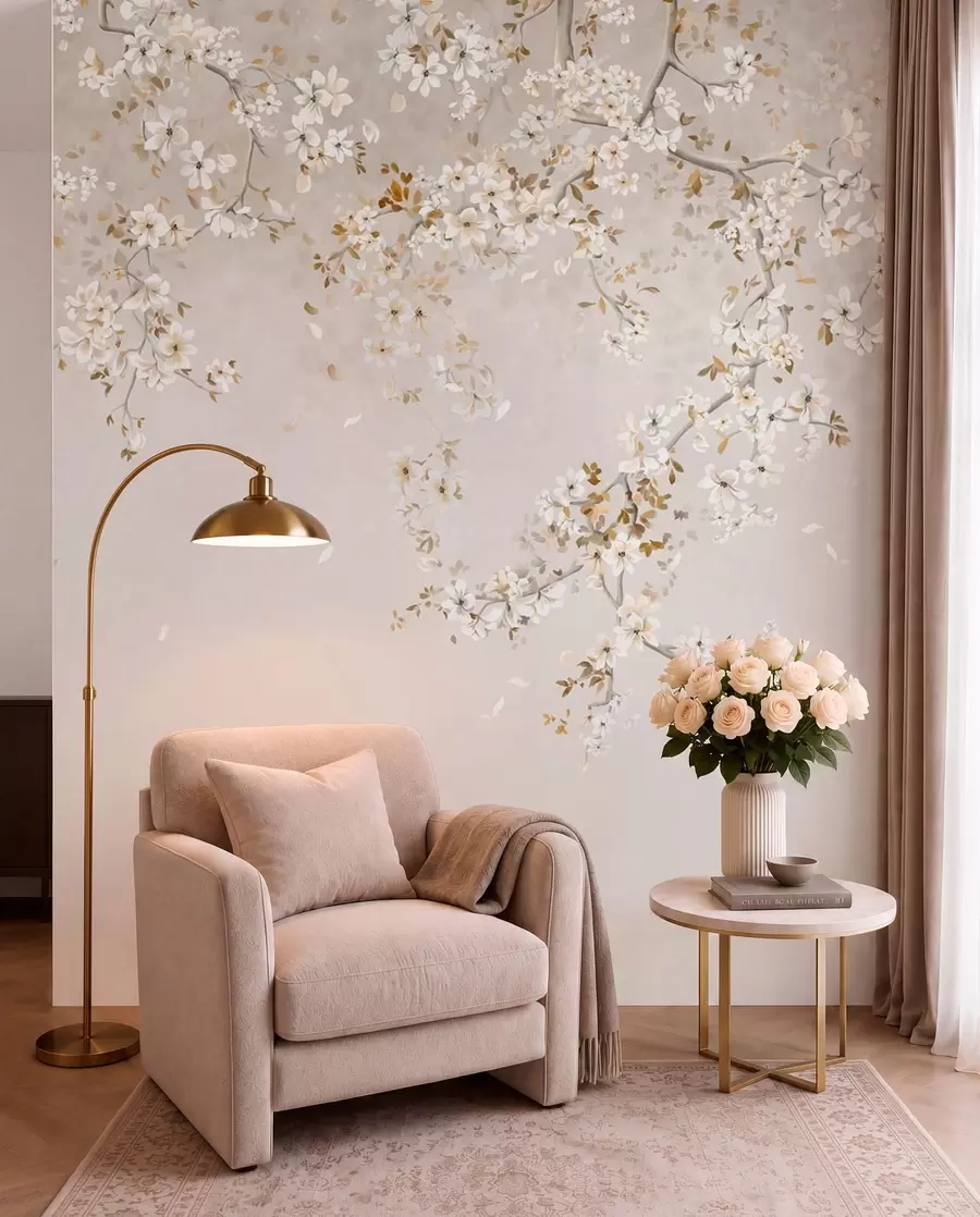 Fotobehang Takken met witte bloesems op een zachte beige achtergrond w05129