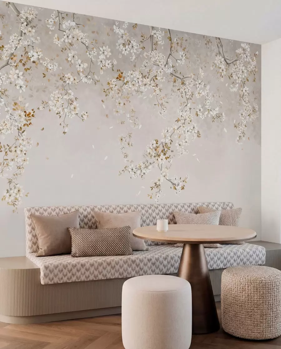 Papier peint photo Branches avec des fleurs blanches sur un fond beige clair w05129