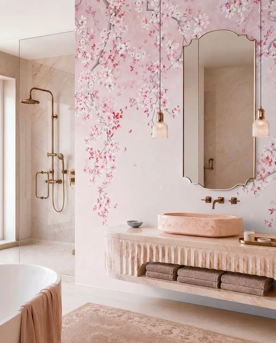 Fotobehang Takken met roze bloesems op een zachte pastelkleurige achtergrond w05129v1