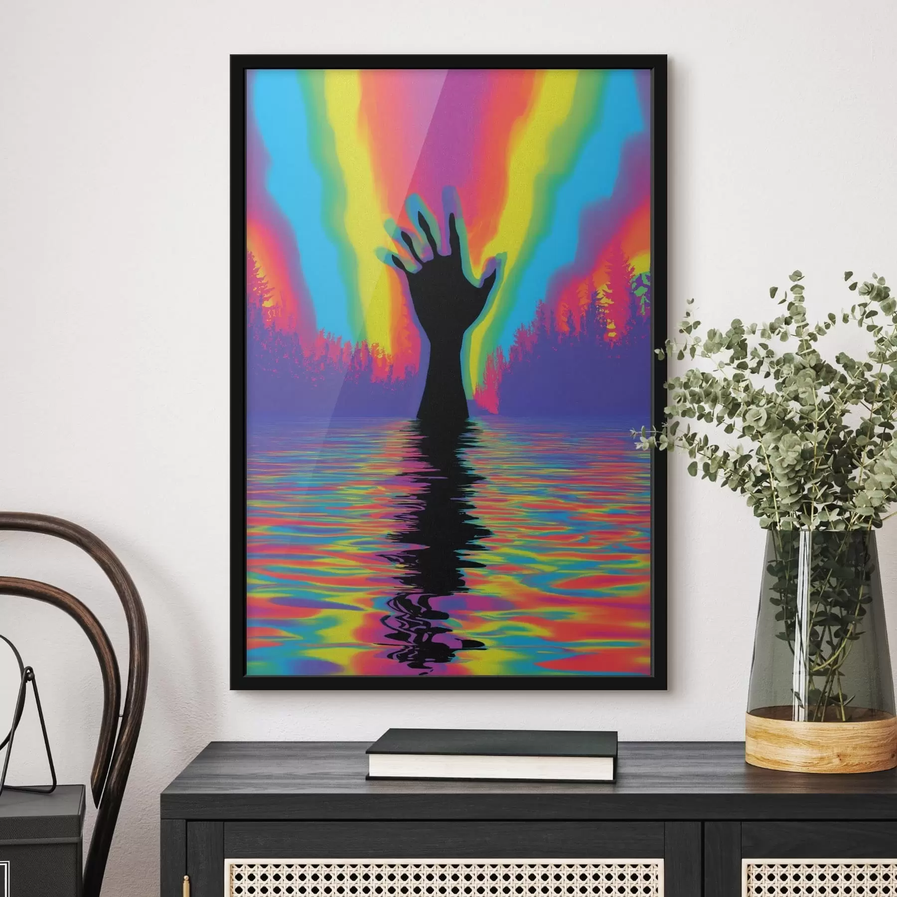 Fotobehang Silhouet van een hand boven water f47903