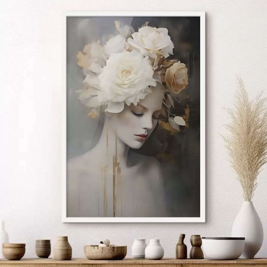 Fotobehang Vrouwenportret met witte bloemen f47904