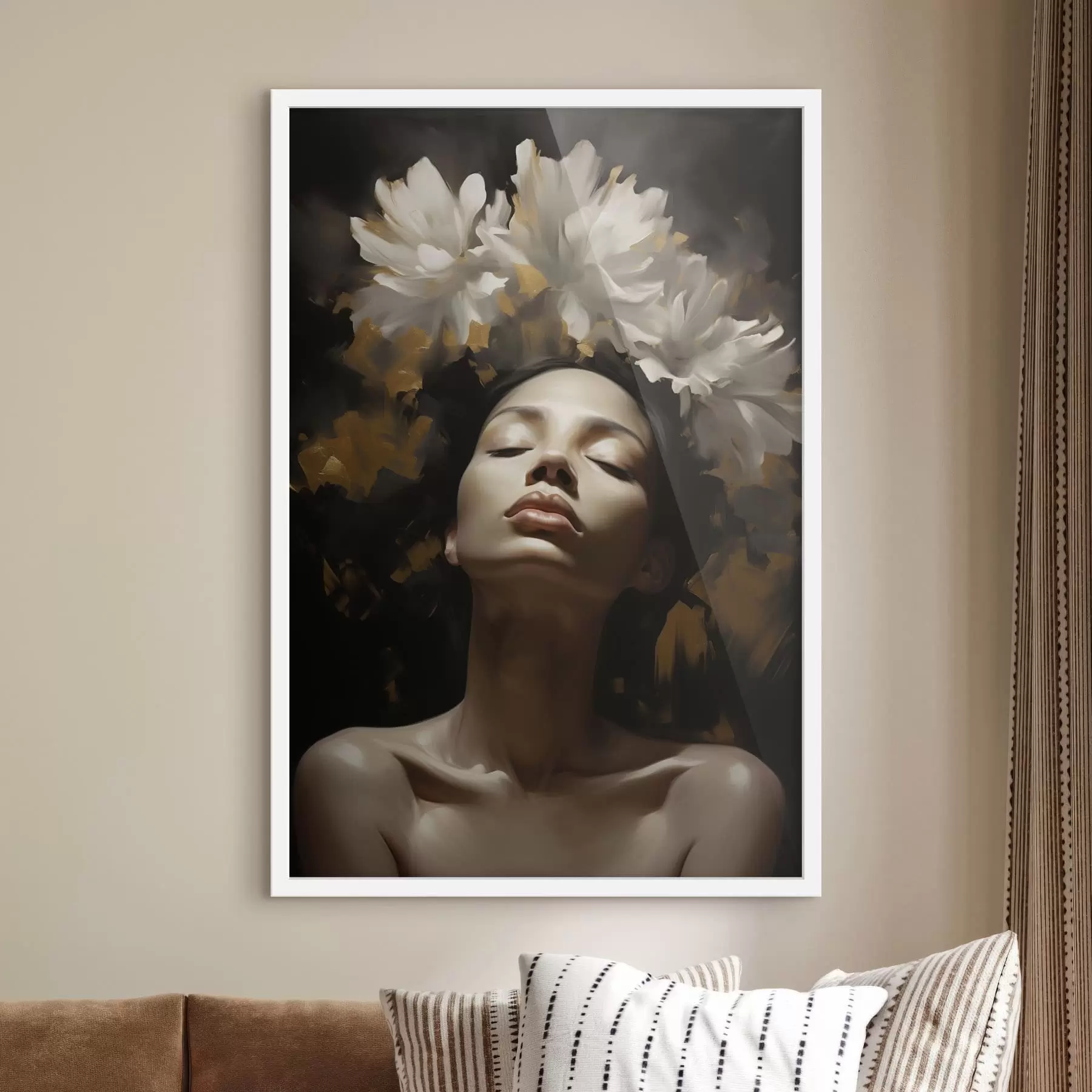 Fotobehang Vrouwenportret met witte bloemen f47918