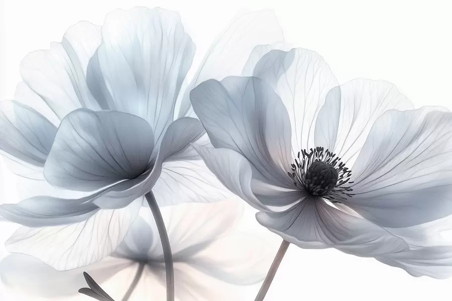 Fotobehang Doorschijnende blauwachtig witte bloemen op een lichte achtergrond w09720