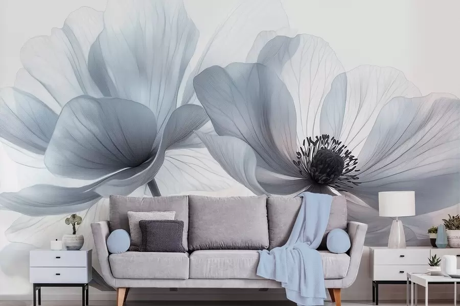 Papier peint photo Fleurs translucides bleu-blanc sur fond clair w09720