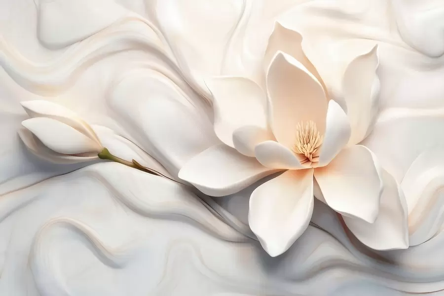 Fotobehang Driedimensionale witte magnolia met marmerstructuurimitatie in reliëf w09729