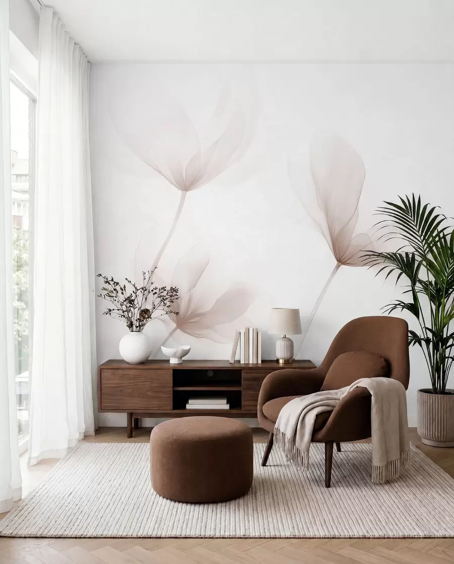 Fotobehang Luchtige beige bloemen in minimalistische, lichte stijl w09734