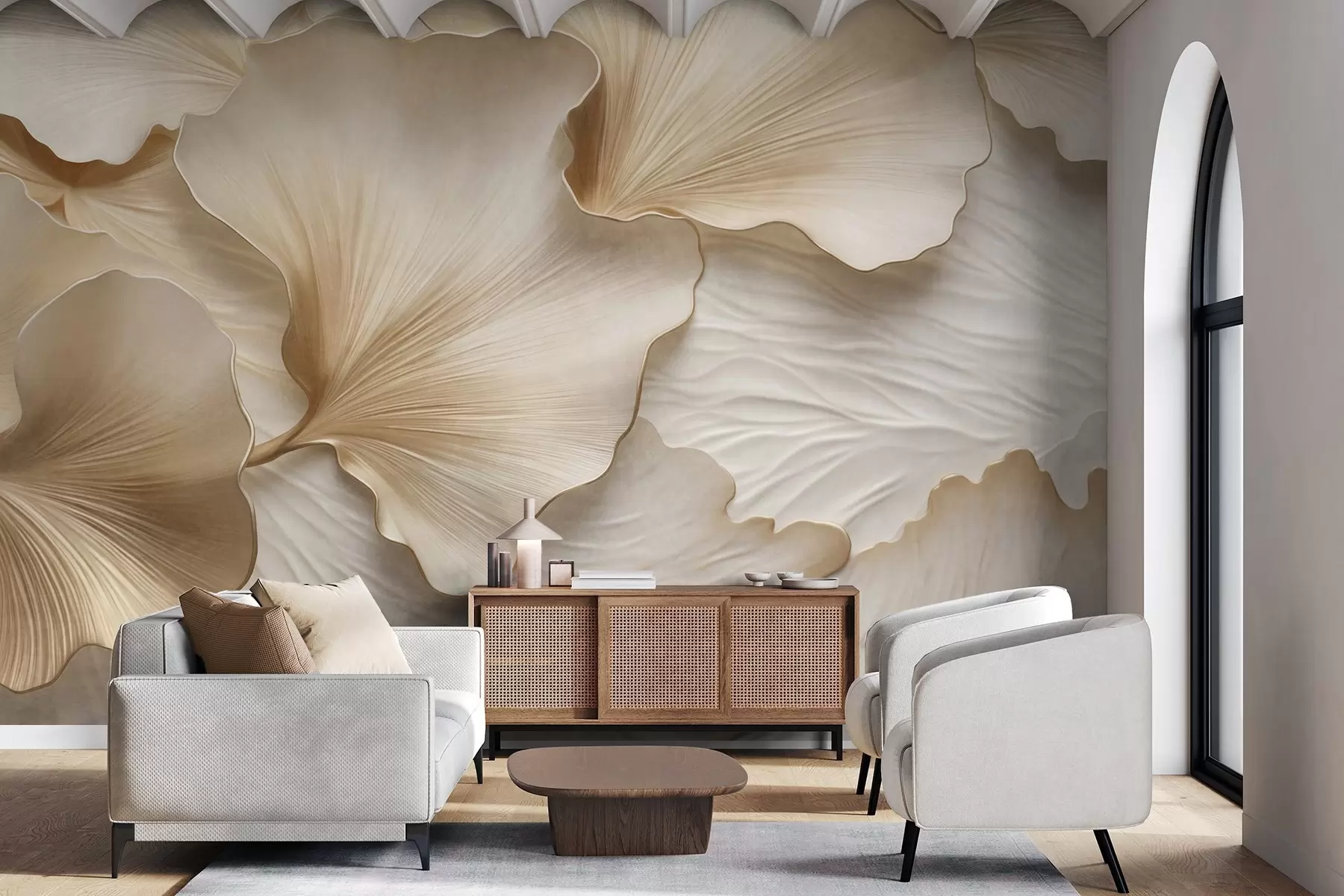 Fotobehang Getextureerde, beige en witte ginkgobladeren met delicate organische print w09741