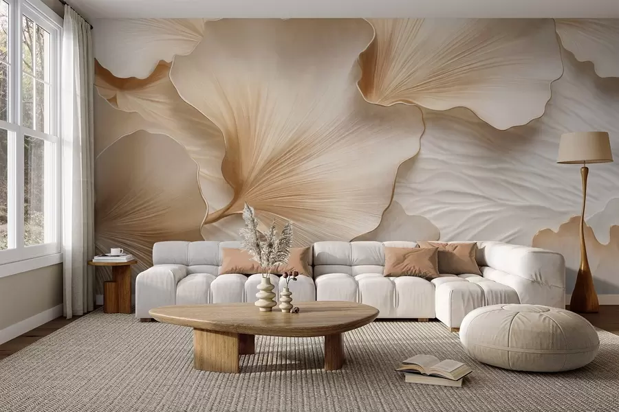 Fotobehang Getextureerde, beige en witte ginkgobladeren met delicate organische print w09741