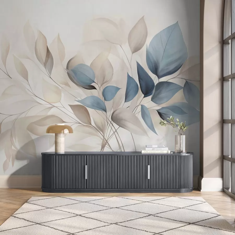 Papier peint photo Feuilles abstraites translucides dans des tons de bleu, beige et crème, art texturé w09744