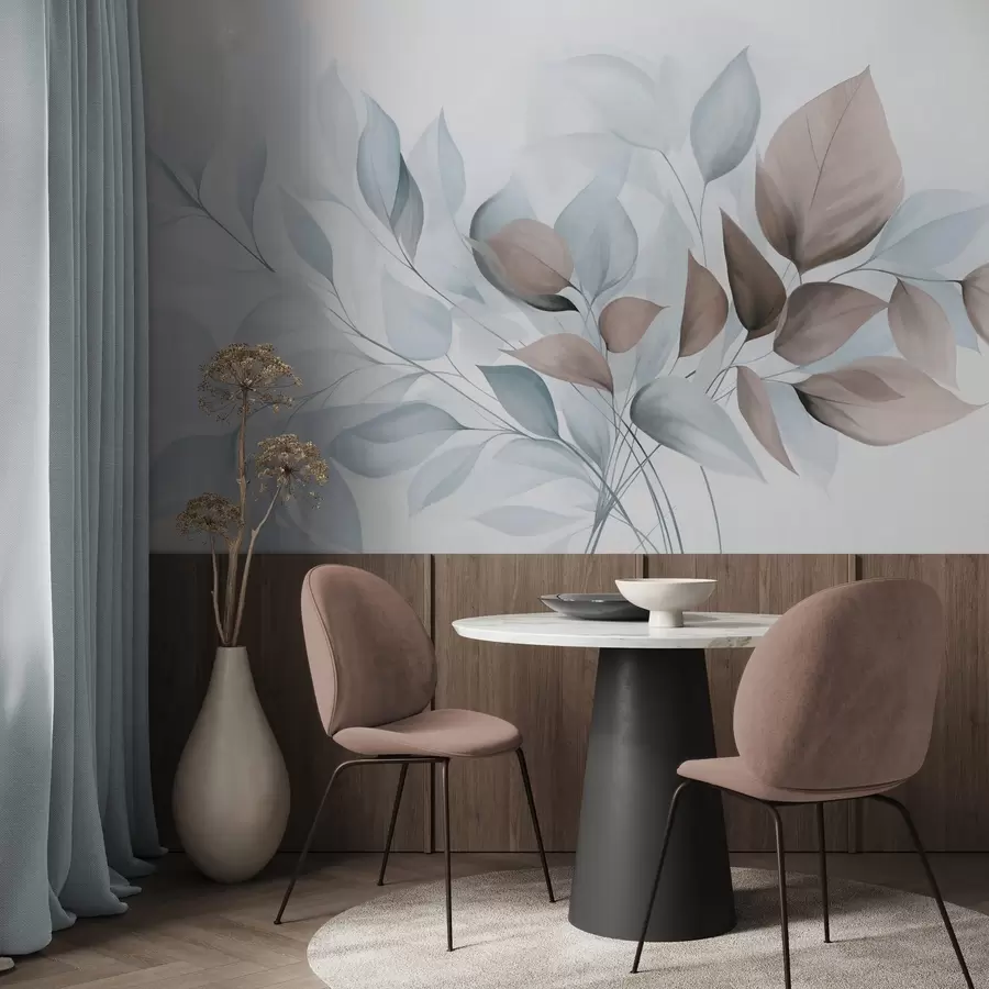Fotobehang Abstracte doorschijnende bladeren in blauw-, beige- en bruintinten, kunst met textuur w09744v1