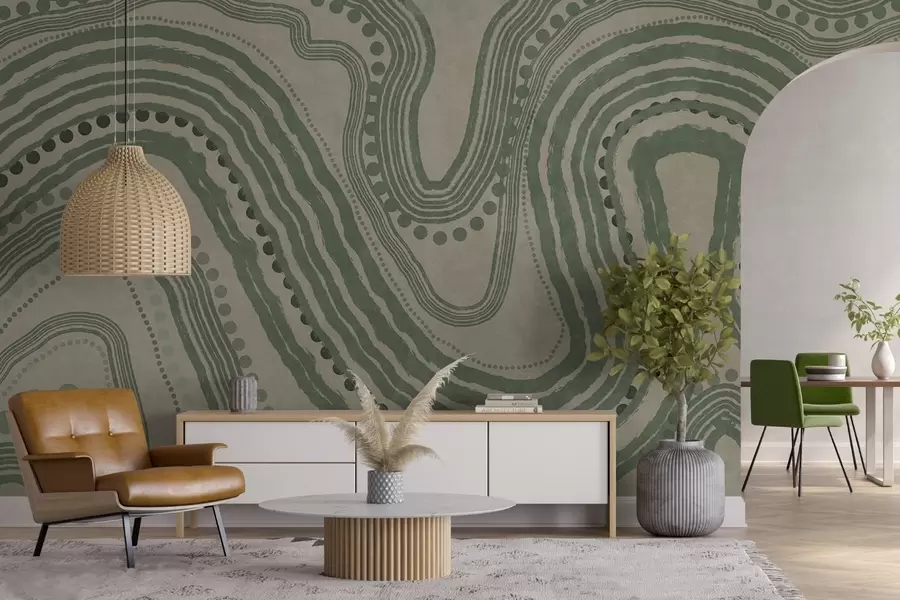 Fotobehang Abstracte groene en beige golvende lijnen en stippen, moderne kunst met textuur w09747