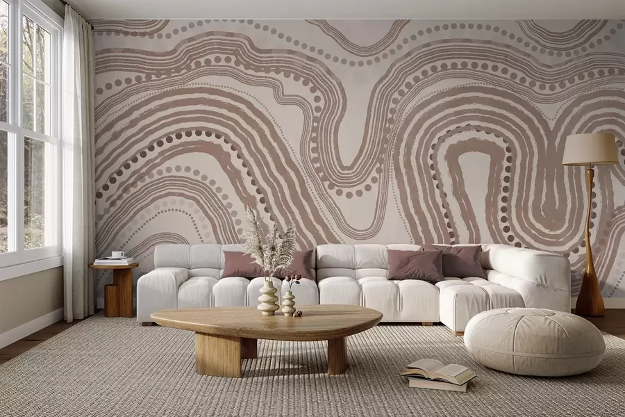 Fotobehang Abstracte bruine en beige golvende lijnen en stippen, moderne kunst met textuur w09747v1