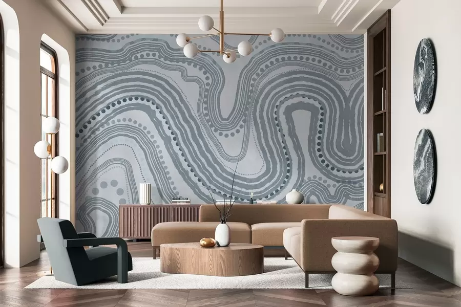 Papier peint photo Lignes ondulées et points bleus abstraits, art moderne texturé w09747v3