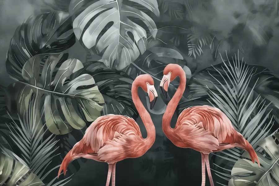 Fotobehang Een paar flamingo's tussen tropische planten w09687