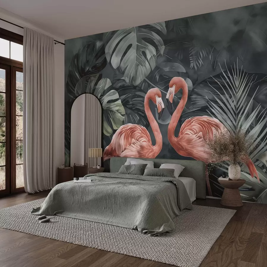 Fotobehang Een paar flamingo's tussen tropische planten w09687
